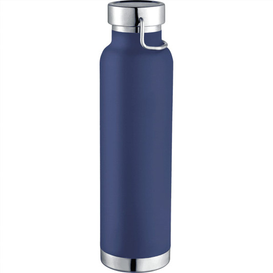 A drink bottle in navy blue with a stainless steel rim and cap, featuring a logo.