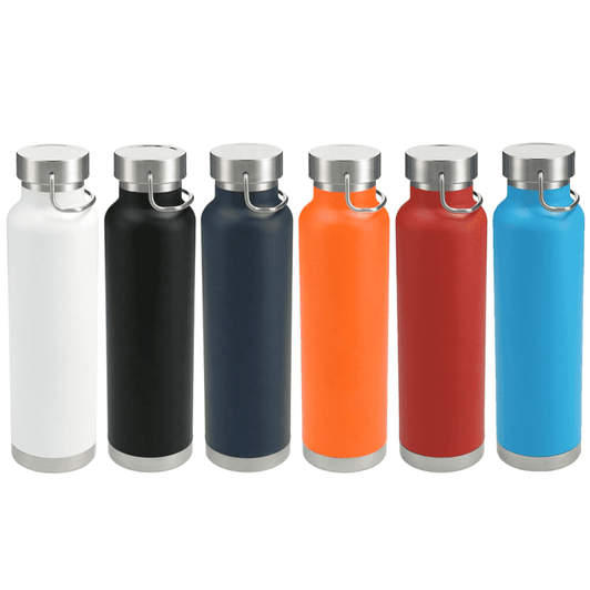 A drink bottle collection featuring white, black, navy, orange, red, and a turquoise blue, with stainless steel accents.