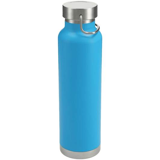 A drink bottle featuring a vibrant blue finish, with a stainless steel base and a metal carrying handle.