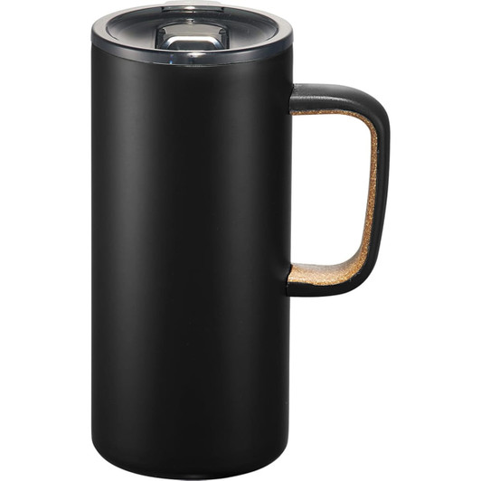 A drink bottle featuring a black exterior, cork handle, and a clear lid, designed as a travel mug. It includes a logo.