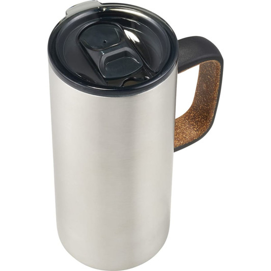 A drink bottle featuring a stainless steel finish, black lid, and cork handle. Includes a logo on the body.
