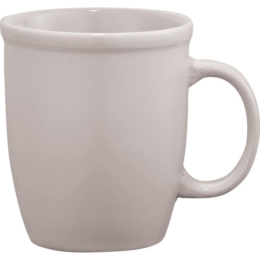 A ceramic coffee mug in a sleek, cream colour with a comfortable handle. Features a simple design and has a logo.