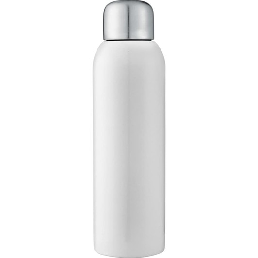 A drink bottle in white with a silver lid, featuring a logo. Suitable for sports and outdoor activities.