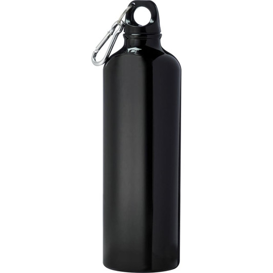 A drink bottle in black aluminium featuring a carabiner for easy attachment. It has a sleek, tall design and a logo.