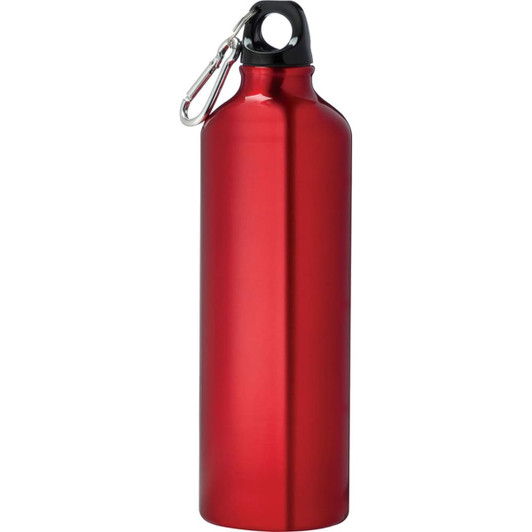 A drink bottle in shiny red aluminium with a black cap and a carabiner attachment. It has a logo on the body.