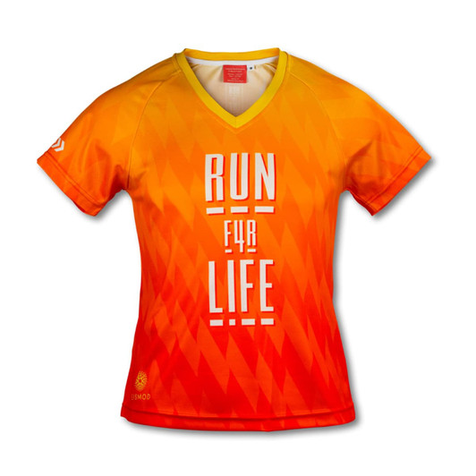 A vibrant orange and yellow women's V-neck performance T-shirt featuring a graphic design and logo.