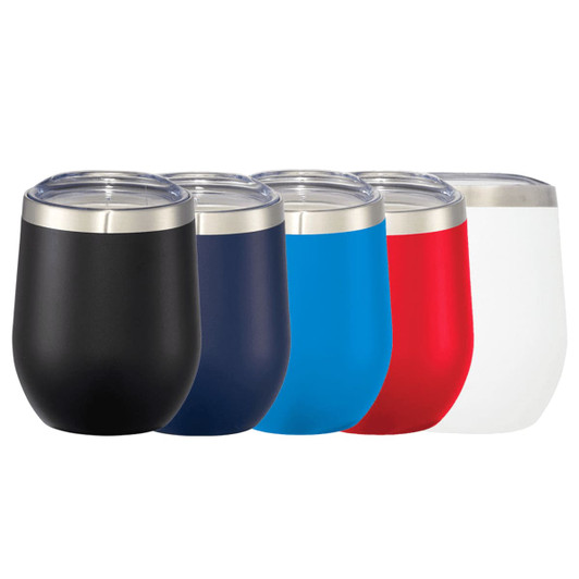 A drink bottle featuring five vacuum insulated cups in black, navy, blue, red, and white, each with a transparent lid.