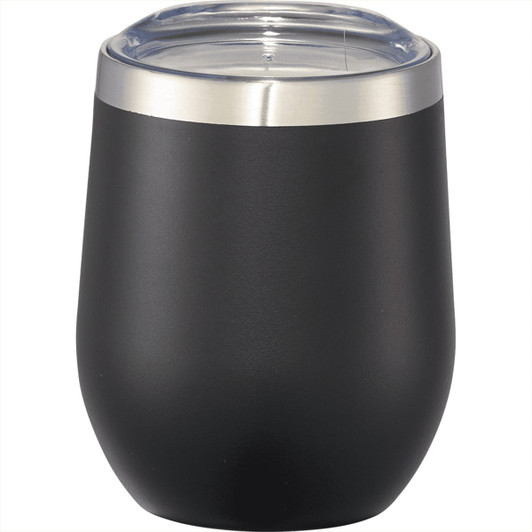 A drink bottle in matte black with a transparent lid and a stainless steel band, featuring a logo.