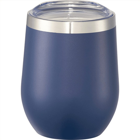 A drink bottle in navy blue with a stainless steel rim and clear lid, designed as a travel mug.