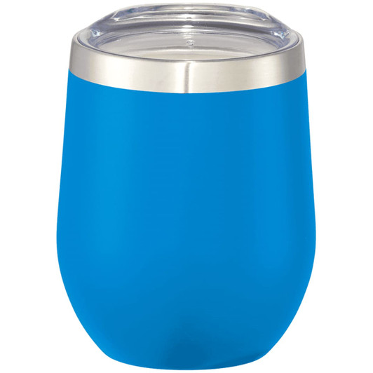 A drink bottle in vibrant blue with a stainless steel rim and clear lid, designed for insulated beverages.
