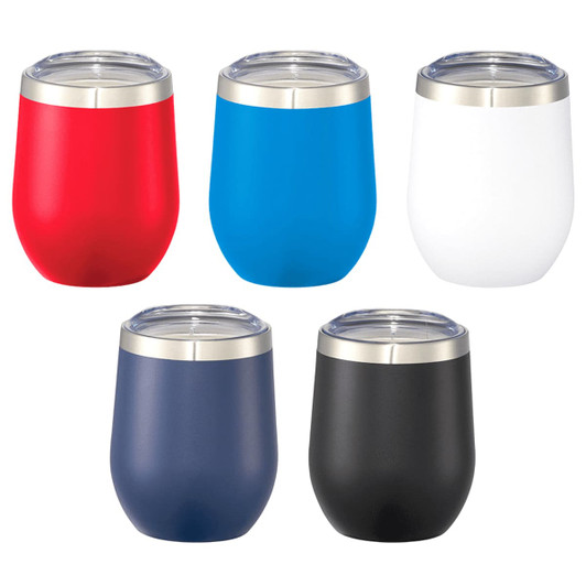 A drink bottle featuring five insulated cups in red, blue, white, navy, and black, with stainless steel accents and lids.