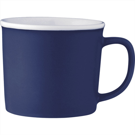 A ceramic coffee mug in navy blue with a white rim and handle, featuring a logo.