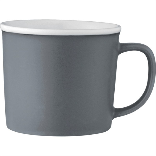 A drinkware ceramic mug in dark grey with a white interior and a comfortable handle. It features a branding logo.