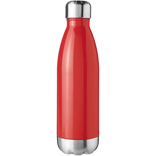 A drink bottle in vibrant red with a stainless steel base and a sleek, contoured design. Features a logo.