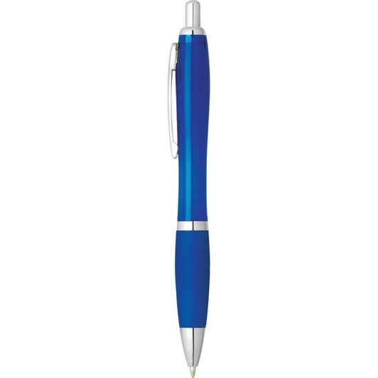 A blue plastic pen with a silver clip and trim. It features a smooth design and has a branding logo.