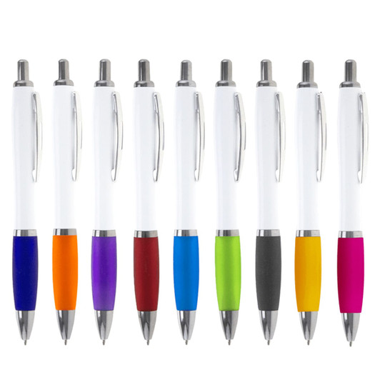 A collection of ballpoint pens with white barrels and various coloured grips, including purple, red, and green.