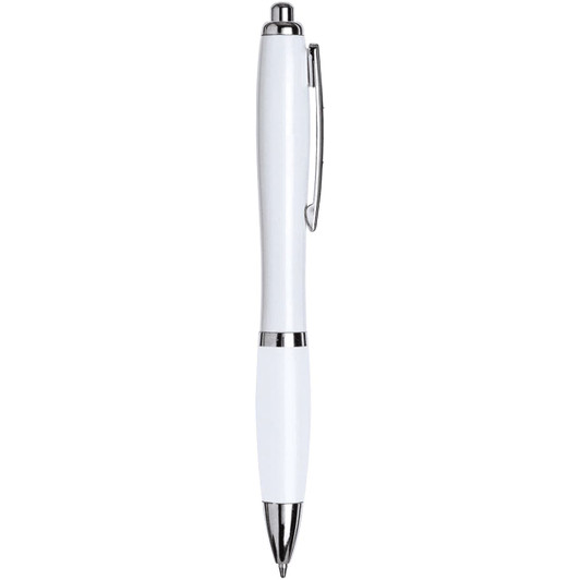 A ballpoint pen in all white with chrome accents, featuring a clip and smooth finish.