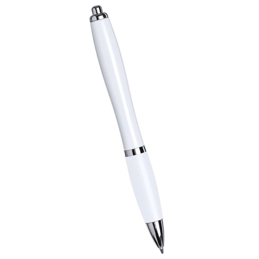 A white ballpoint pen with silver accents and a sleek design, featuring a branding logo.