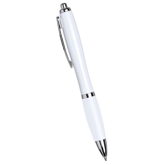 A ballpoint pen with an all-white plastic body and chrome accents, featuring a logo on its surface.