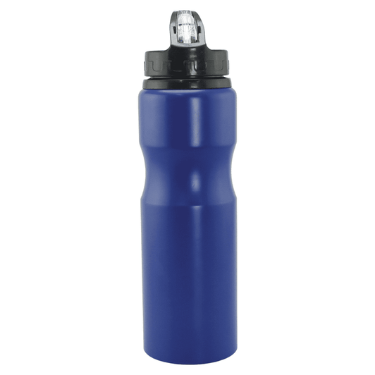 A drink bottle in bold blue aluminium with a black lid and spout, featuring a logo on the body.