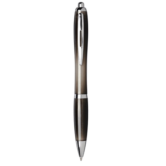 Nash Recycled PET ballpoint pen in grey with chrome accents, featuring blue ink and a branding logo.