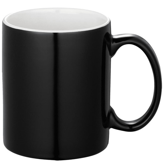 A black ceramic mug with a glossy finish, featuring a handle and presented without a box.