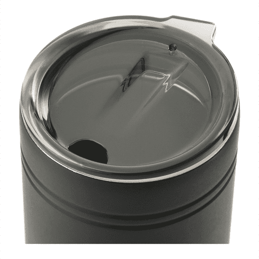 A drink bottle with a sleek black exterior and a clear lid featuring a drinking hole. It has a logo on the side.