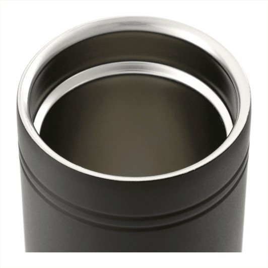 A drink bottle featuring a sleek black design with a metal interior, suitable for travel and beverages.