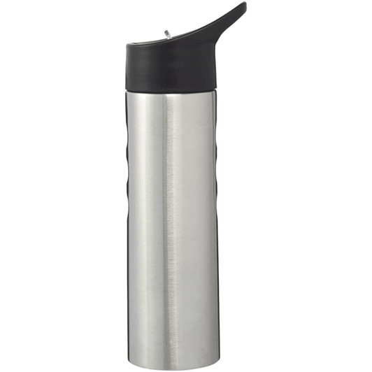 A stainless steel drink bottle with a silver finish and a black lid, featuring a textured grip.
