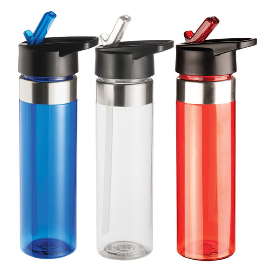 A drink bottle set featuring blue, clear, and red bottles, each with a black lid and a built-in straw.