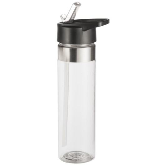A drink bottle with a clear body, stainless steel accent, and a black flip-top lid. It holds 600ml of liquid.
