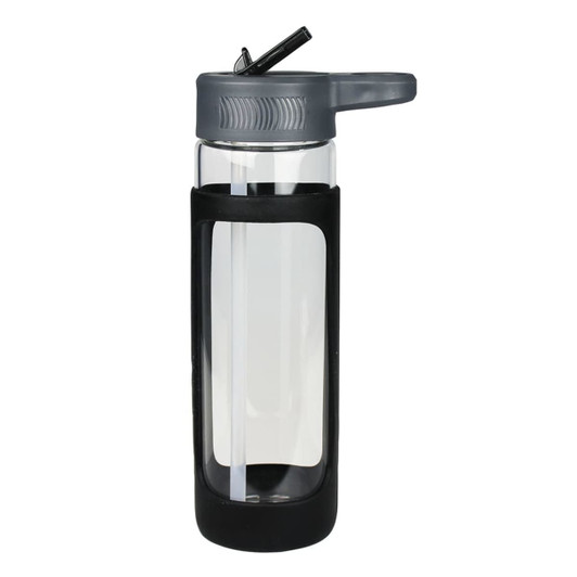 A drink bottle with a transparent glass body, grey silicone cover, and flip-top lid for easy sipping.