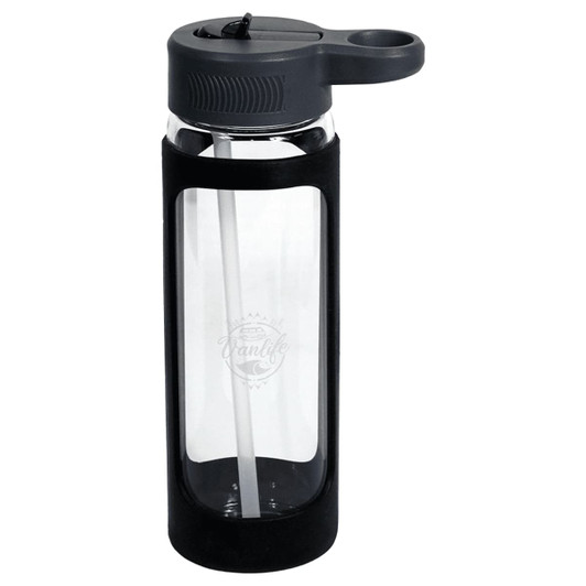 A drink bottle with a transparent glass body and black silicone cover, featuring a grey lid and straw.