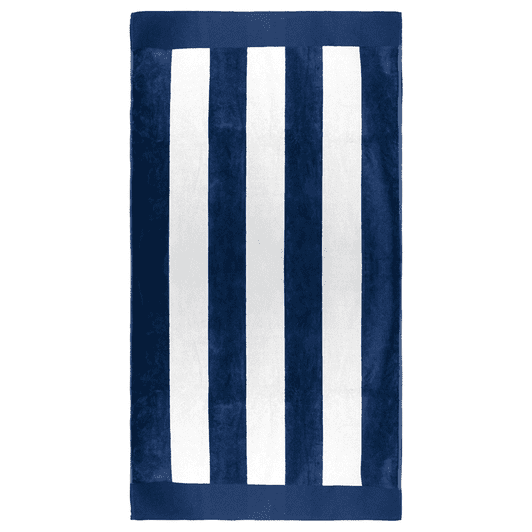 A navy blue and white striped beach towel with a logo on one corner. Perfect for leisure and outdoor activities.