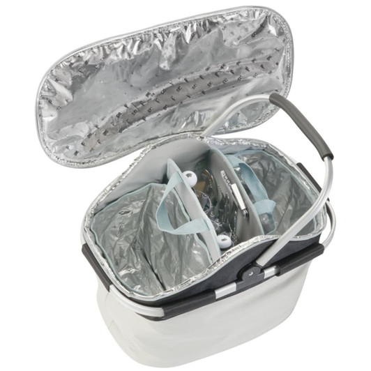 A cooler bag in white and silver, featuring a removable divider and a metallic interior lining. It has a handle and a zipper closure.