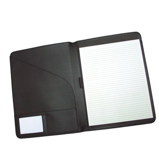 A black A4 pad cover with a lined notepad and a side pocket for business cards. Features a logo on the front.