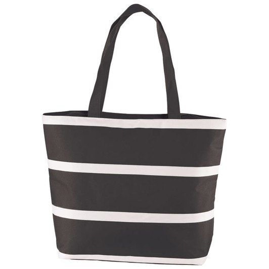 A striped insulated cooler bag in black and white with two sturdy handles. It features a logo on the side.