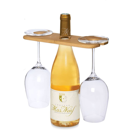 A wine bottle carrier with a bamboo handle, featuring two clear glasses. The bottle is white wine labelled "Chateau Mas Neuf".