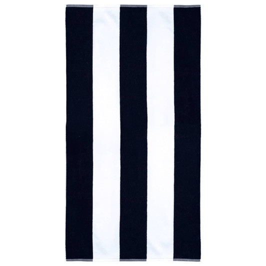 A striped cotton beach towel in black and white with a logo at one end.