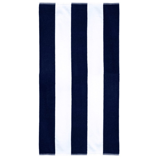 A striped cotton beach towel featuring navy blue and white colours with a logo in one corner.