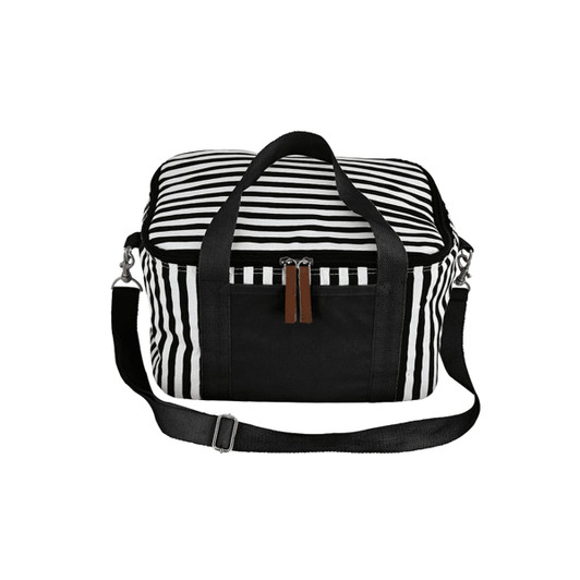 A striped black and white cotton canvas cooler bag with dual handles and a detachable shoulder strap.