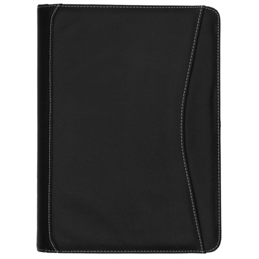 A black full grain leather compendium with stitching detail and a side pocket. It features a logo on the front.