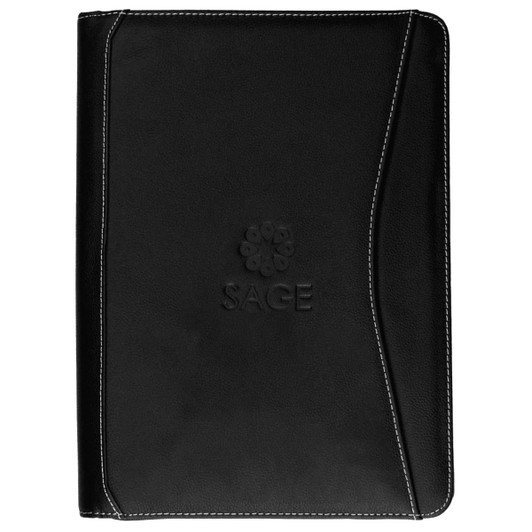 A black A4 leather compendium with white stitching and an embossed logo.