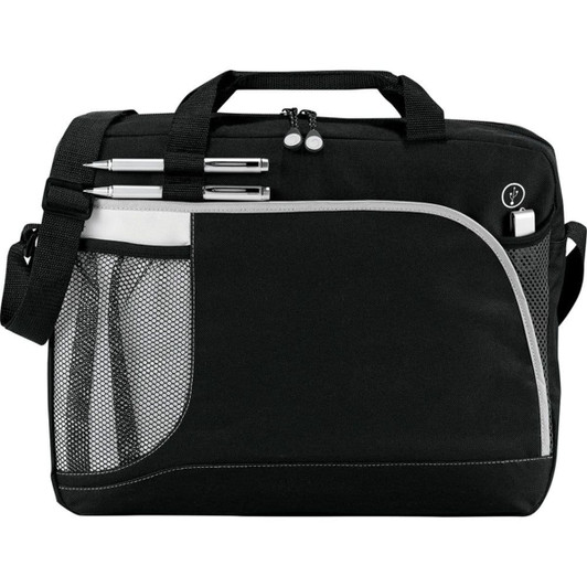 A black laptop bag with a mesh pocket, pen holders, and a strap. It features a logo on the front.