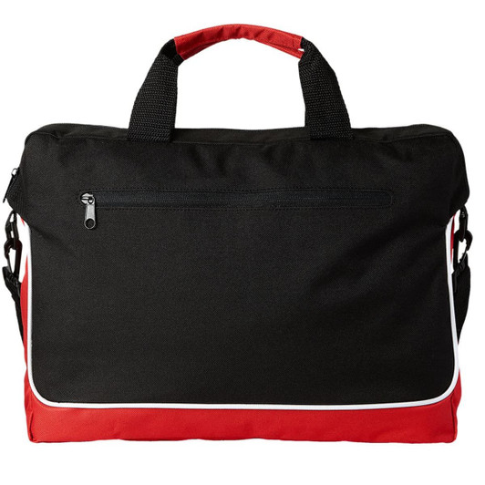 A black and red laptop bag with a zippered front pocket and dual carry handles. Features a logo on the side.