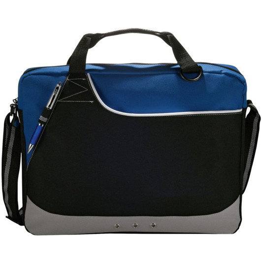 A laptop bag featuring a blue, black, and grey design with a shoulder strap and a pen attached.