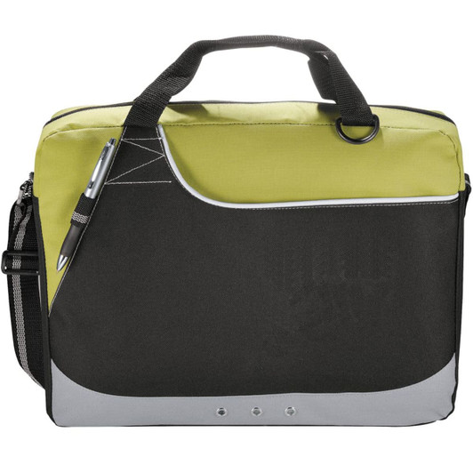 A laptop bag in black and lime green, featuring a logo, handles, and a removable shoulder strap.
