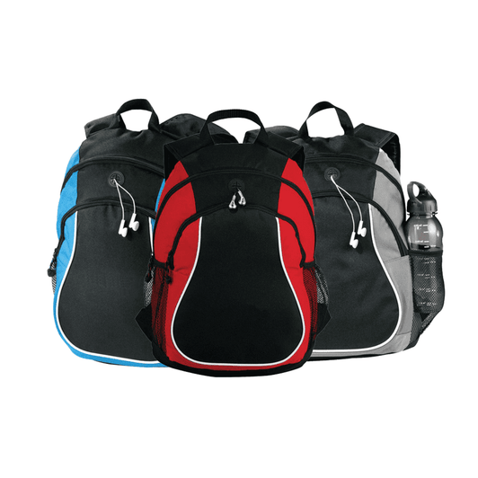 Three Coil Backpacks in black, red, blue, and grey, featuring pockets and an accompanying drink bottle. Each has a logo.