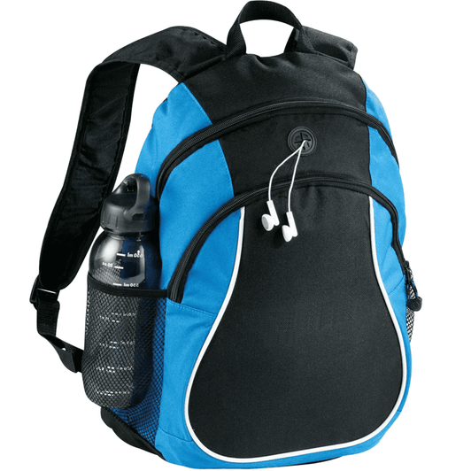 A black and blue backpack featuring a drink bottle holder and earphone outlet, with a logo and mesh side pocket.