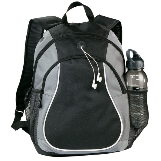 A black and grey backpack featuring a side pocket with a drink bottle and earphones attached.